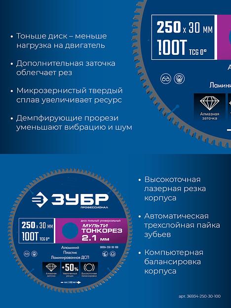 ЗУБР Мульти Тонкорез 250х30 x 2.1 мм, 100Т, диск пильный универсальный тонкий рез, Профессионал (36934-250-30-100) фото 4