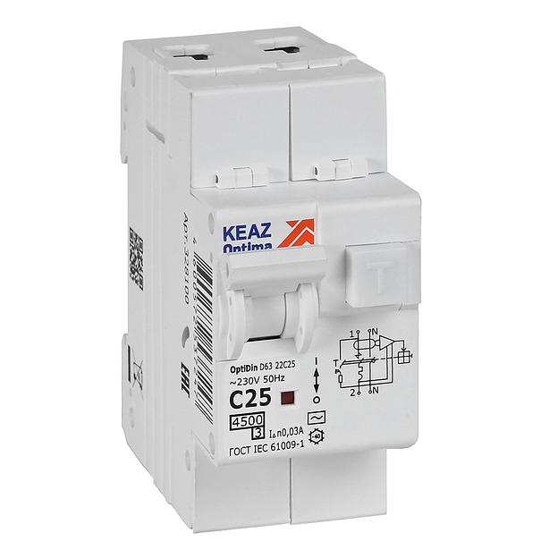 Выключатель автоматический дифференциального тока 2п с защитой от сверхтоков OptiDin D63-22C25-AC-У3 C25 30мА 4.5кА КЭАЗ 328100 фото 1