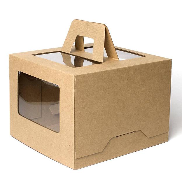 Коробка для торта 4 окна с ручками мгк крафт 30х30х20 см фото 1