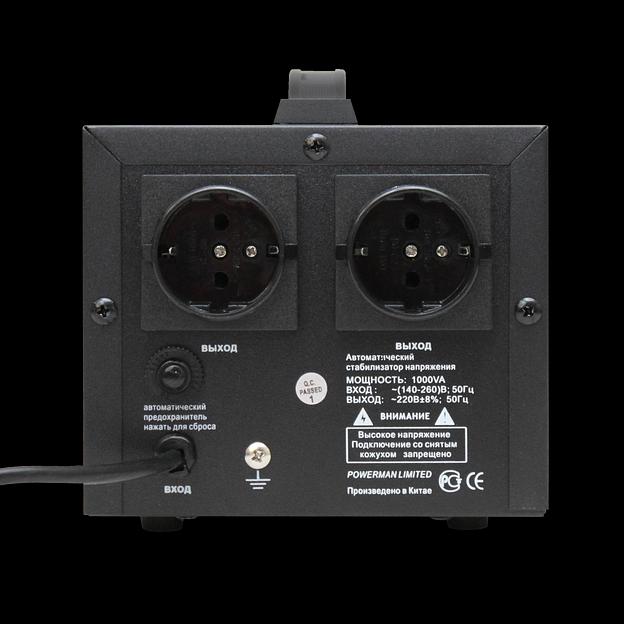 Стабилизатор POWERMAN AVS 1000D, черный, ступенчатый регулятор, цифровые индикаторы уровней напряжения, 1000ВА, 140-260В, максимальный входной ток 7А, 2 евророзетки, IP-20, напольный, 200мм х 150мм х 140мм, 2,3 кг. POWERMAN AVS 1000D (POWERMAN AVS 1000D фото 3