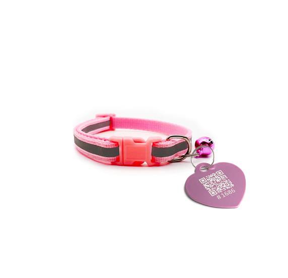 Ошейник розовый светоотражающий с колокольчиком + QR адресник фото 1