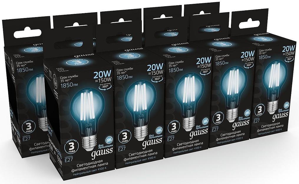 Лампа светодиодная Gauss Filament 102902220 20Вт цок.:E27 груша 220B 4100K св.свеч.бел.нейт. (упак.:1шт) фото 3