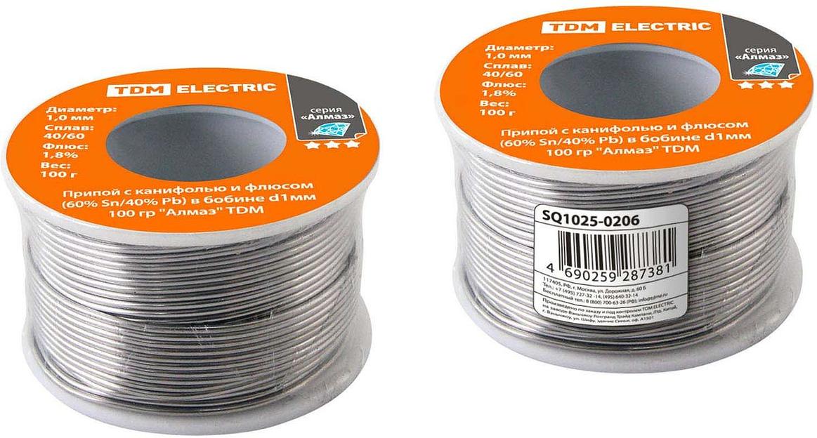 Припой с канифолью и флюсом (60% Sn/40% Pb) в бобине d1мм 100 гр "Алмаз" TDM фото 1