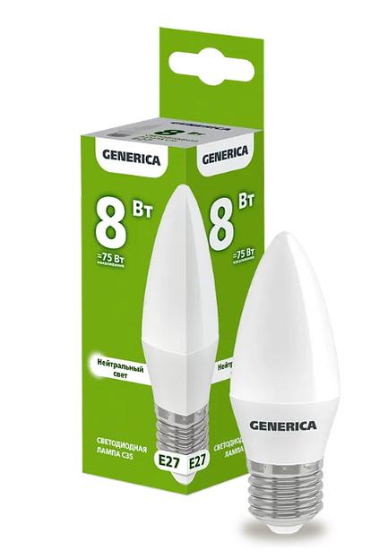 Лампа светодиодная C35 свеча 8Вт 230В 4000К E27 GENERICA ОПТ фото 2
