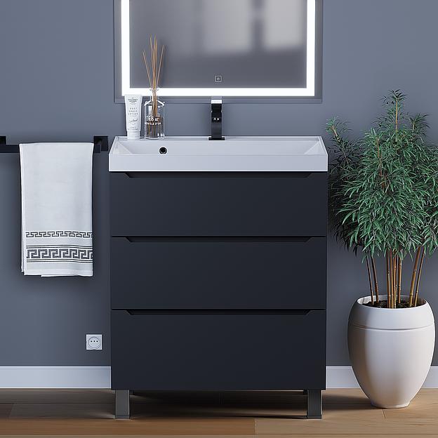 Тумба под раковину для ванной Uperwood Tanos 70 см, напольная, черная матовая, 3 ящика фото 1