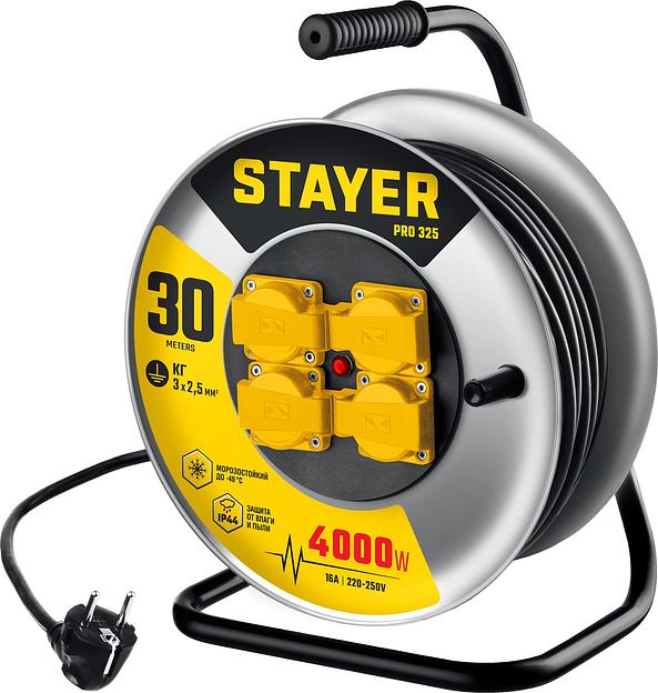 STAYER PRO-325, КГ, 3 х 2.5 мм2, 30 м, 4000 Вт, IP44, силовой удлинитель на стальной катушке (55076-30) фото 1