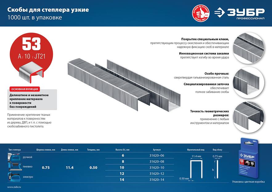 ЗУБР скобы тип 53 (A/10/JT21), 6 мм, калибр 23GA. 1000 шт. Профессионал (31620-06) фото 5