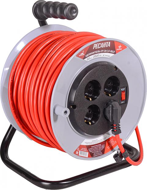 Удлинитель силовой Ресанта СУ-3х1,5-50/2 (61/118/12) 3x1.5кв.мм 4розет. 50м ПВС катушка красный фото 2