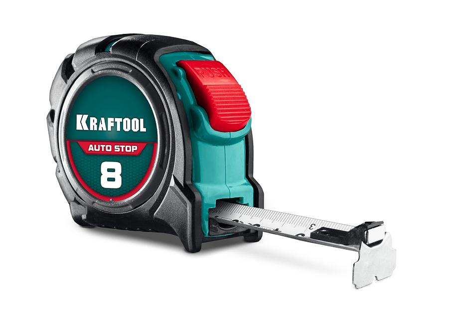 KRAFTOOL AutoStop 8м х 25мм, профессиональная рулетка с автостопом (3412-8-25) фото 1