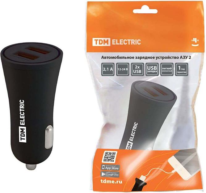 Автомобильное зарядное устройство АЗУ 2, 2,1А, 2 USB, черный, TDM фото 1