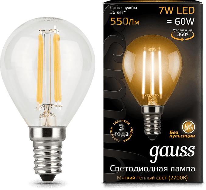 Лампа светодиодная Gauss 7Вт цок.:E14 шар 220B 2700K св.свеч.бел.теп. P45 (упак.:1шт) (105801107) фото 2