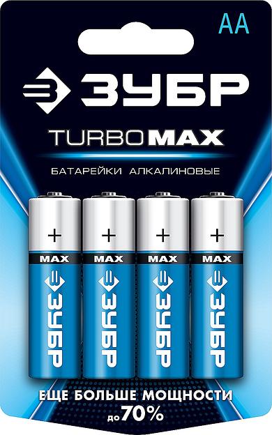 ЗУБР TURBO-MAX, АА х 4, 1.5 В, алкалиновая батарейка (59206-4C) фото 1