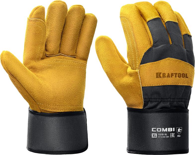 KRAFTOOL COMBI, XL (10) комбинированные двухслойные спилковые перчатки с доп. слоем на ладони (11310-XL) фото 1
