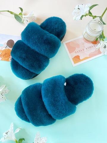 Женские меховые тапочки с параллельными шлейками фото 4