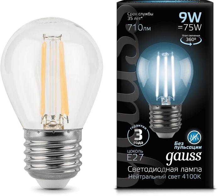 Лампа филам. Gauss Filament 9Вт цок.:E27 шар 220B 4100K св.свеч.бел.нейт. P45 (упак.:1шт) (105802209) фото 1