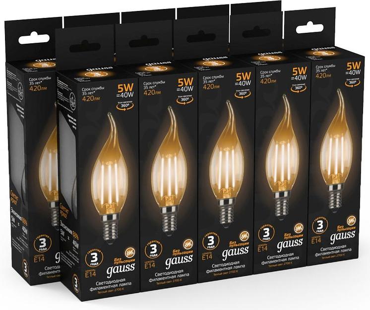 Лампа филам. Gauss Filament 5Вт цок.:E14 свеча 220B 2700K св.свеч.бел.теп. (упак.:10шт) (104801105) фото 5