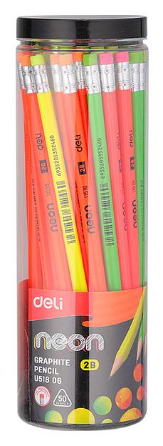 Карандаш чернографит. Deli EU51806-1 Neon 2B трехгран. ластик корпус ассорти (ж/роз/зел/ор) (1шт) фото 1