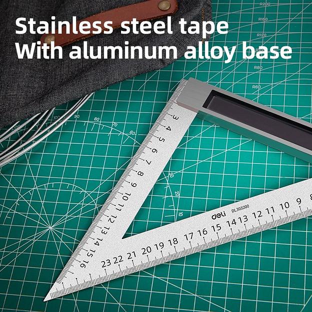 Измерительный и разметочный инструмент Deli Треугольная линейка стальная Deli DL303200 200мм, нержавеющая сталь + алюминиевое основание фото 6
