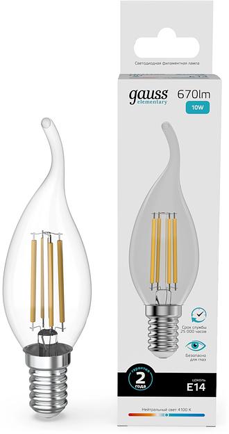 Лампа филам. Gauss Filament 10Вт цок.:E14 свеча св.свеч.бел.нейт. (упак.:10шт) (42120) фото 1