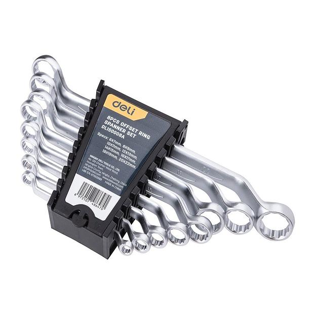 Ключи Deli Набор накидных изогнутых гаечных ключей 8 шт Deli DL150008A размеры 6x7, 8x9, 10x11, 12x13, 14x15, 16x17, 18x19, 20x22 мм, матовая хромированная поверхность, пластиковый кейс фото 3