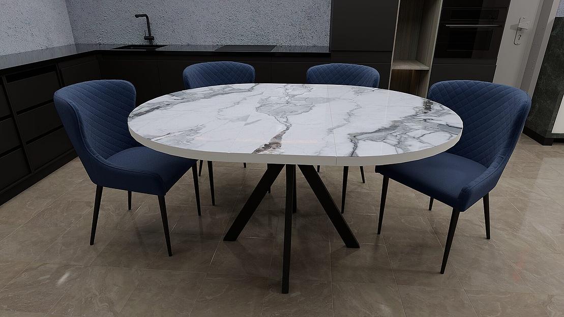 Стол Сохо 110(+35)×110×77 см чёрный металл, стекло мрамор глянец фото 2