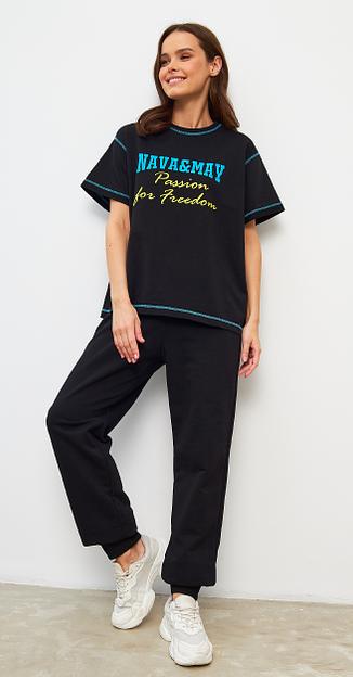 Футболка черная с принтом оверсайз двухнитка женская фото 1