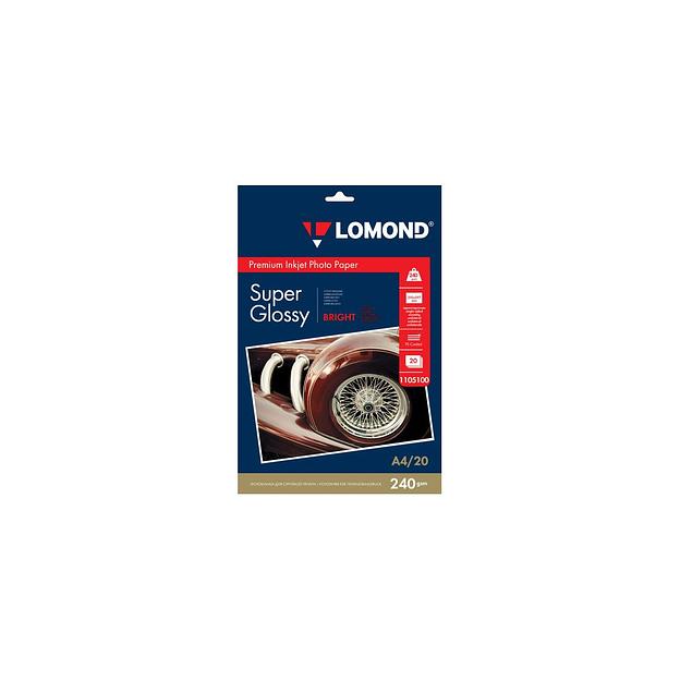 Фотобумага Lomond A4, для струйной печати, 20л, 240г/м2, белый, покрытие высокоглянцевое [1105100] фото 1