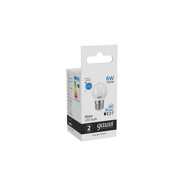 Лампа светодиодная Gauss Elementary 6Вт цок.:E27 шар 220B 6500K св.свеч.бел.хол. (упак.:10шт) (53236) фото 6