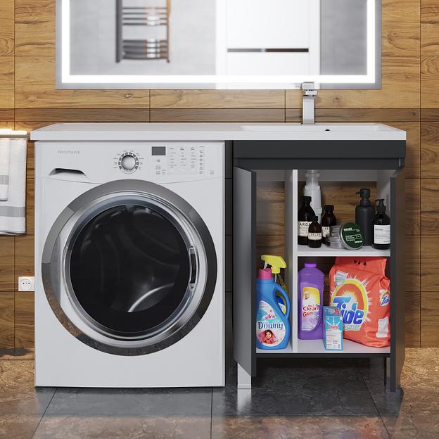 Тумба под стиральную машину с раковиной Uperwood Magenta 60/120 см, напольная, черная, с дверцами, правая фото 4