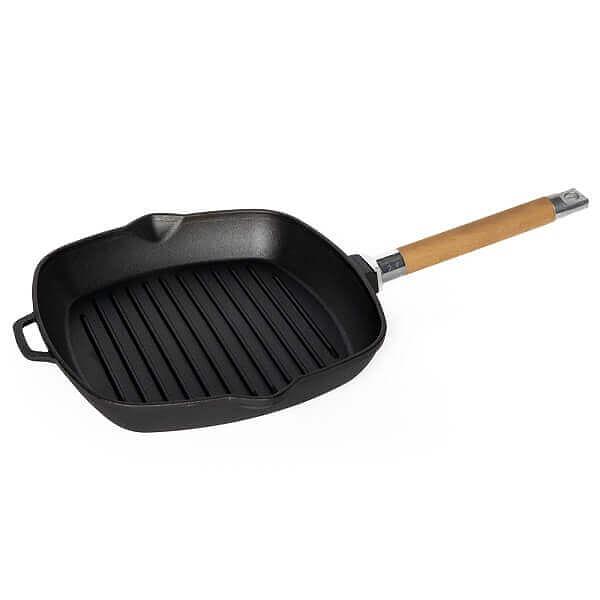 Сковорода-гриль 28*28 см. h=4,5 см. чугун. рифлен. со съемн дерев. ручкой /1/ фото 1