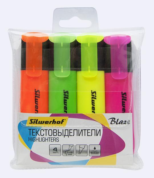 Набор текстовыделителей Silwerhof Blaze 108036-00 скошенный пиш. наконечник 1-5мм 4цв. пакет с европодвесом фото 1