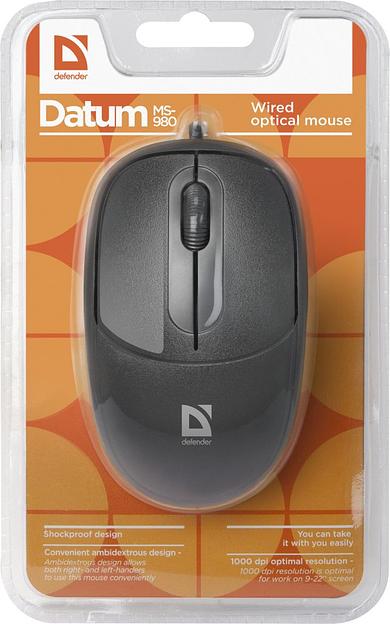 Defender Проводная оптическая мышь Datum MS-980 черный,3 кнопки,1000dpi Defender Datum MS-980 черный (52980) фото 2