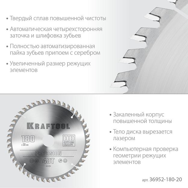 KRAFTOOL Precision, 180 х 20 мм, 48Т, пильный диск по дереву (36952-180-20) фото 4