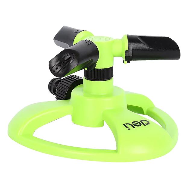 Дождеватель-разбрызгиватель круговой вращающийся 3-х сопловый Deli DL581301 2 режима распыления, площадь орошения до 310кв.м, диаметр шланга 3/4", корпус из ударопрочного пластика фото 1