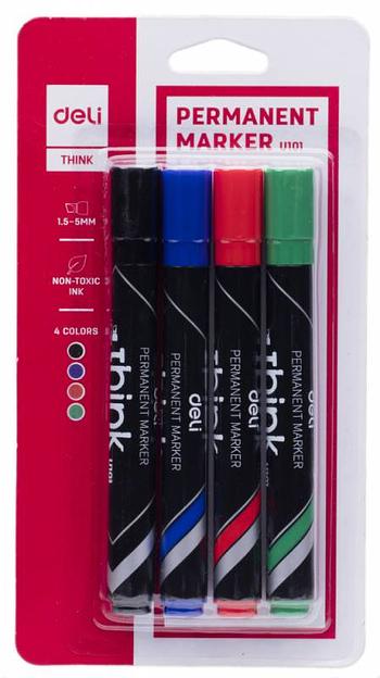Набор маркеров перманентных Deli EU10101 Think скошенный пиш. наконечник 1.5-5мм 4цв. пакет с европодвесом (4шт.) фото 1