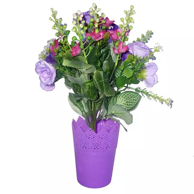 Букет двухцветных роз и цветочков в горшке 32см фото 2