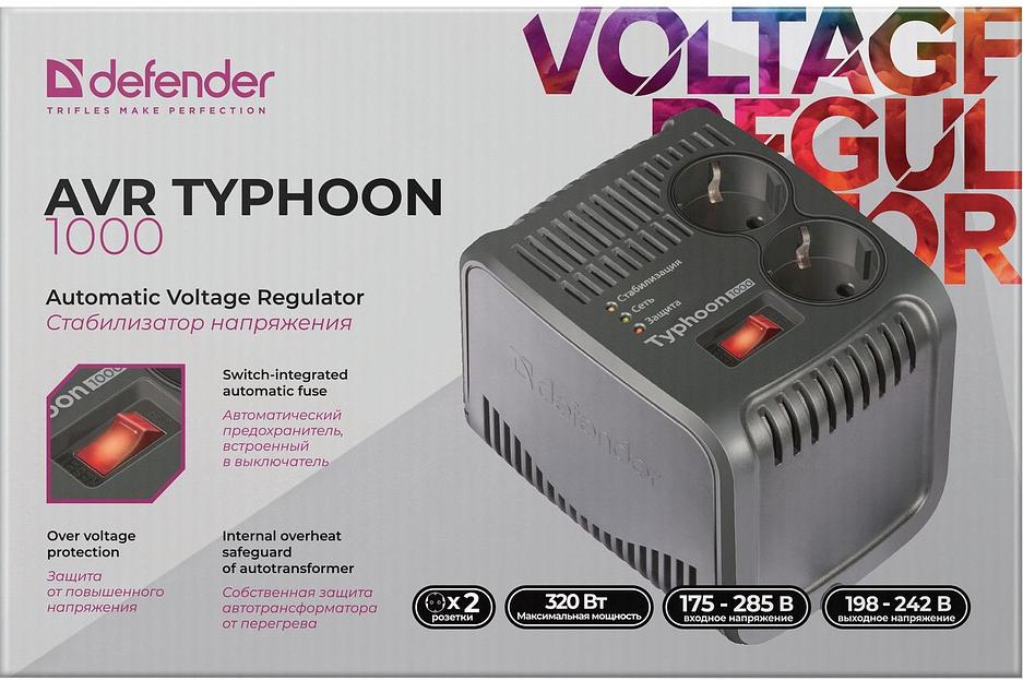 Стабилизатор напряжения Defender AVR Typhoon 1000 320Вт 1000ВА черный фото 2