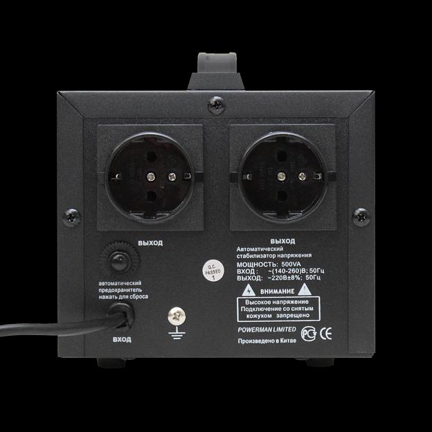 Стабилизатор POWERMAN AVS 500D, черный, ступенчатый регулятор, цифровые индикаторы уровней напряжения, 500ВА, 140-260В, максимальный входной ток 5А, 2 евророзетки, IP-20, напольный, 200мм х 150мм х 140мм, 2,3 кг. POWERMAN AVS 500D (POWERMAN AVS 500D Blac фото 3