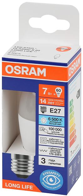 Лампа светодиодная LED 7Вт Е27 6500К 600Лм свеча 220В (замена 60Вт) OSRAM фото 3