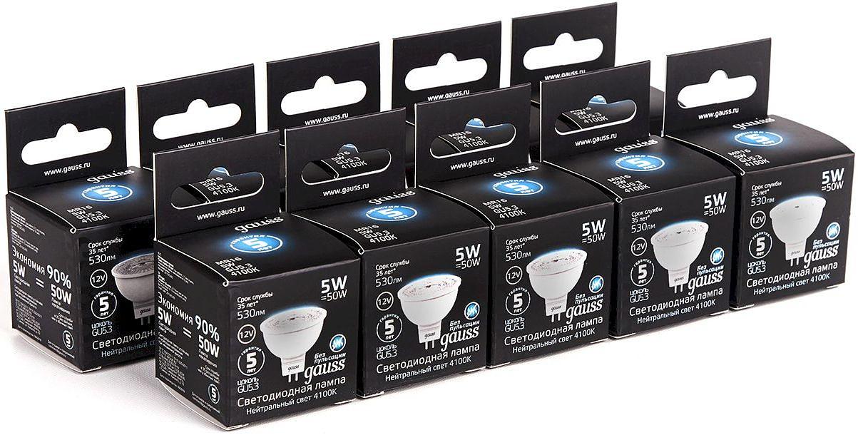Лампа светодиодная Gauss Black 5Вт цок.:GU5.3 рефлек. 12B 4100K св.свеч.бел.нейт. MR16 (упак.:10шт) (201505205) фото 5