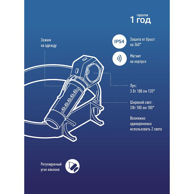 Фонарь налобный аккум/3Вт+3ВтCOB/кол. линза/Li-ion18650 1200mAh/USBtC/магнит/зажим фото 7