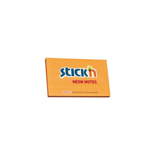 Блок самоклеящийся бумажный STICK`N 21168, 76x127, 100 л, неон, оранжевый фото 1