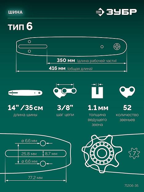 ЗУБР тип 6, 35 см, шаг 3/8″, паз 1.1 мм, 52 звена, шина (71206-35) фото 3