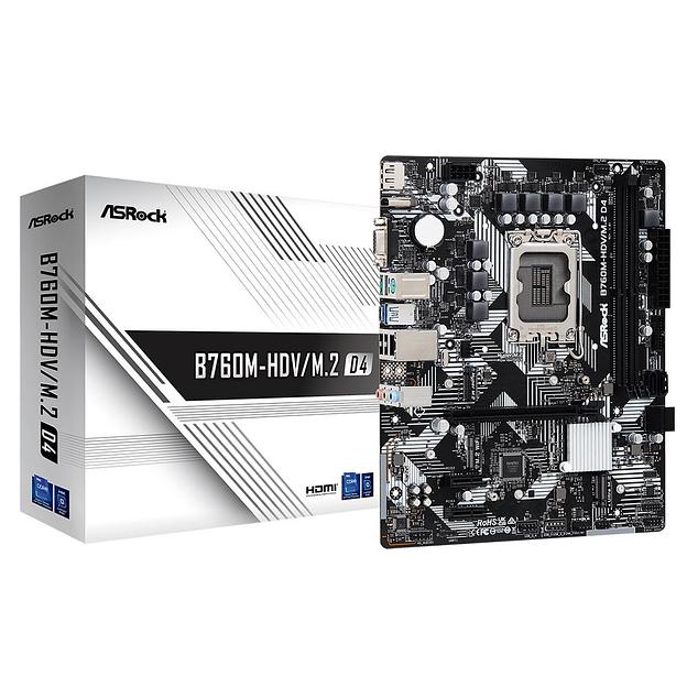 Материнская плата ASROCK B760M-HDV/M.2 D4, LGA1700, B760, 4*DDR4, HDMI+DP+D-Sub, 4xSATA3 6.0 (RAID), M.2 Socket, 4xUSB 3.2, 1xUSB2.0, Type-C, mATX; 90-MXBL40-A0UAYZ (B760M-HDV/M.2 D4) фото 1