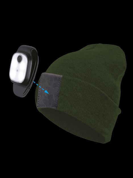 Шапка с фонарем, цвет хакки, фонарь-клипса съемный, красный и белый цвет свечения + SOS (мигающий красный) фото 1