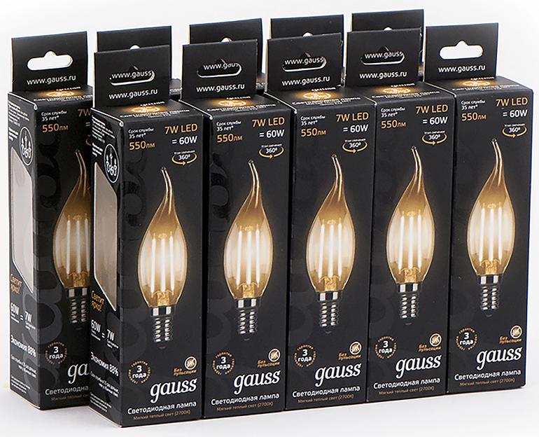 Лампа светодиодная Gauss Filament 7Вт цок.:E14 свеча 220B св.свеч.бел.теп. CF35 (упак.:10шт) (104801107) фото 3