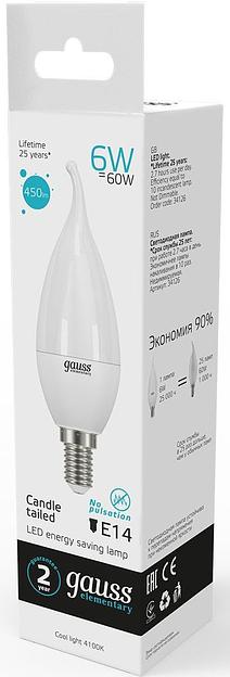 Лампа светодиодная Gauss Elementary 6Вт цок.:E14 свеча 220B 4100K св.свеч.бел.нейт. (упак.:10шт) (34126) фото 4