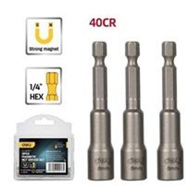 Набор магнитных бит с торцевой головкой 3шт Deli DL4808T 8мм, длина 65мм, сталь 40Cr, пласт. кейс фото 1