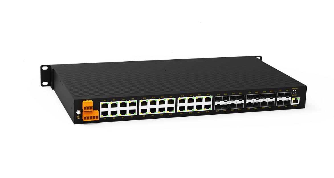 Коммутатор 2 уровня с 4 слотами 1000Base-X SFP, 24 портами 10/100/1000Base-T(X) (разъем RJ45), два входа питания 110-240 В перем. или 110-220 В пост. фото 1