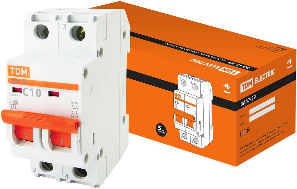 Автоматический выключатель ВА47-29 2Р 10А 4,5кА х-ка С TDM фото 1